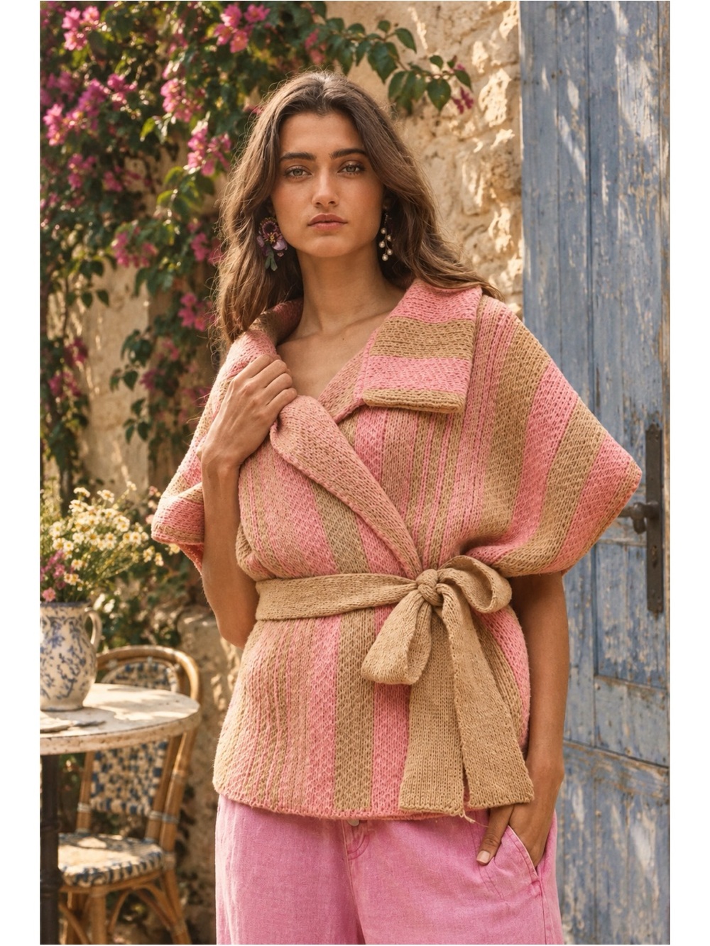 POL Spring Stroll Belted Cardigan Sweater Pink Tan Striped Oversized Knit Vest S